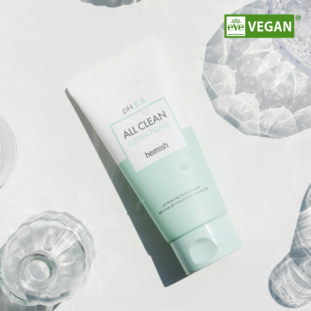Heimish All Clean Green Foam 150g in a serene setting with vegan label, showcasing gentle cleansing for all skin types.