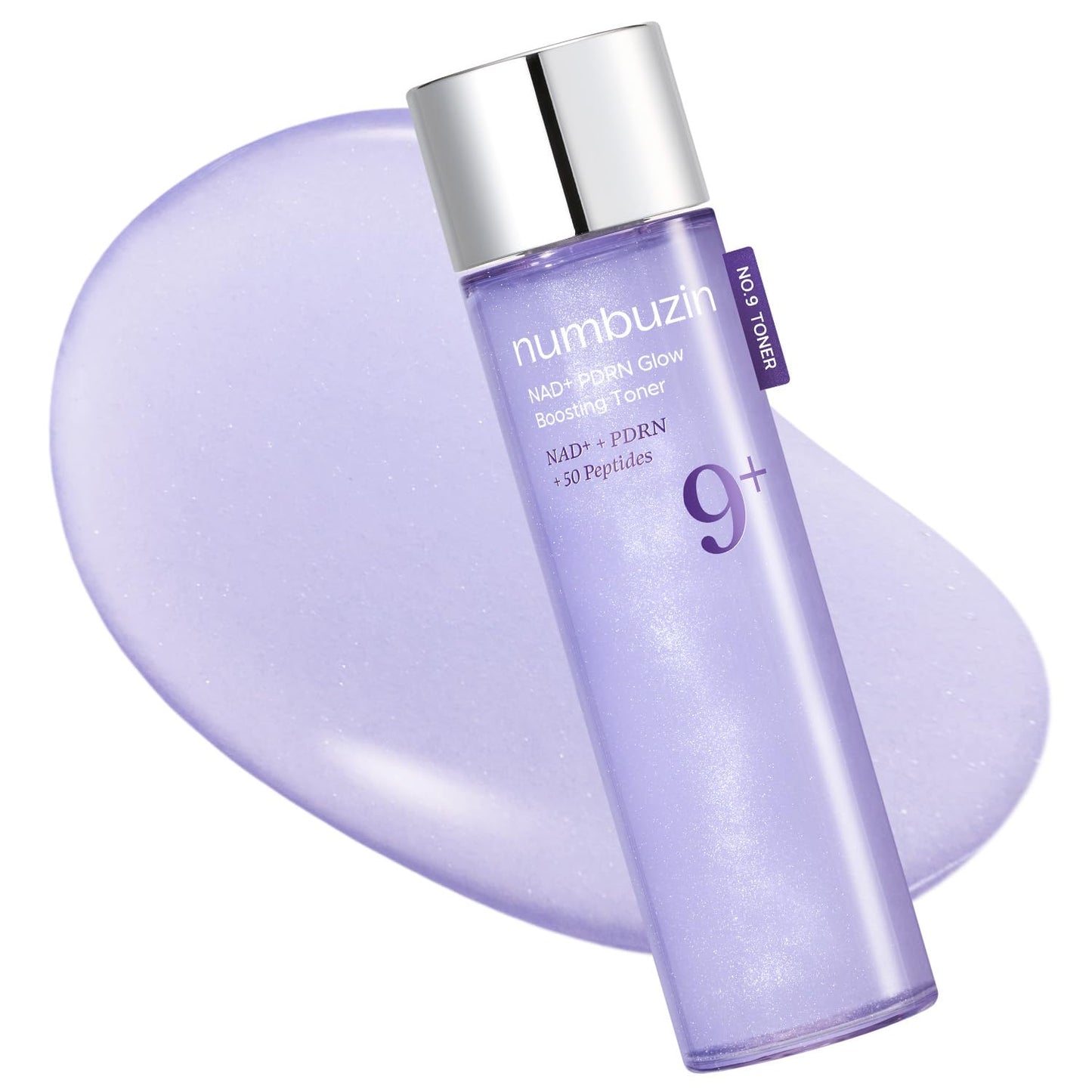Numbuzin No.9 NAD PDRN Glow Boosting Toner 150ml in a sleek bottle with a lavender gel background.