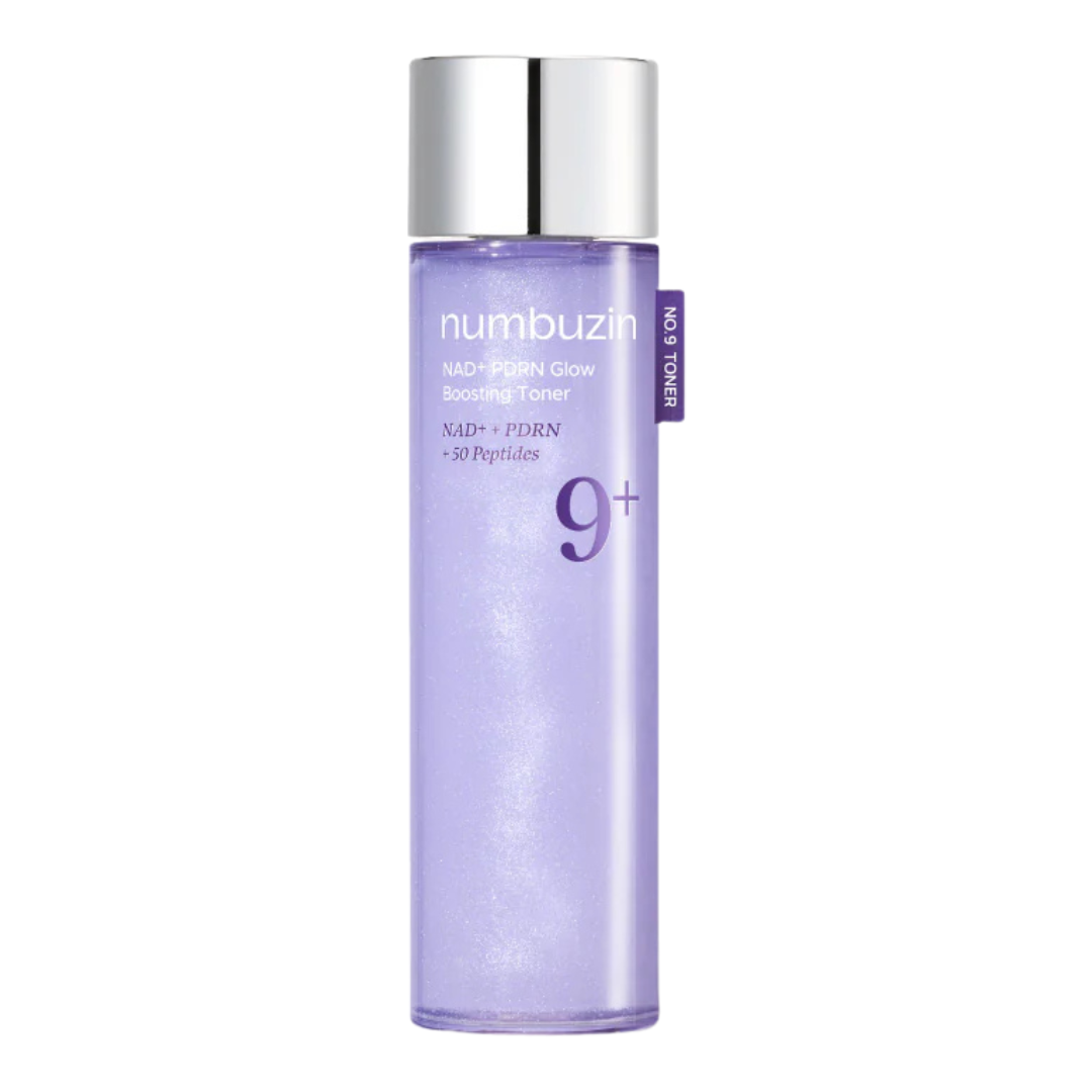 Numbuzin No.9 NAD PDRN Glow Boosting Toner 150ml in a purple bottle with a silver cap.