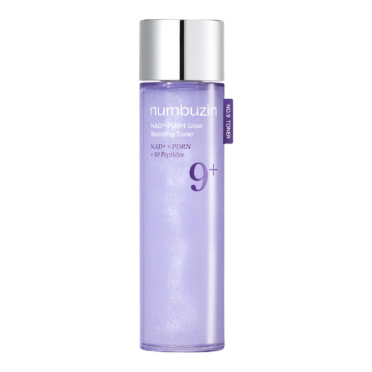 Numbuzin No.9 NAD PDRN Glow Boosting Toner 150ml in a purple bottle with a silver cap.