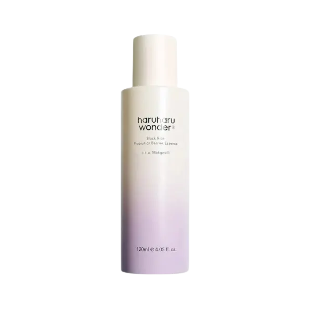 Haruharu Wonder Black Rice Probiotics Barrier Essence 120ml bottle, a nourishing skin care product.