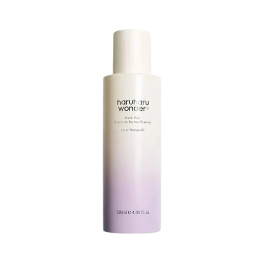 Haruharu Wonder Black Rice Probiotics Barrier Essence 120ml bottle, a nourishing skin care product.