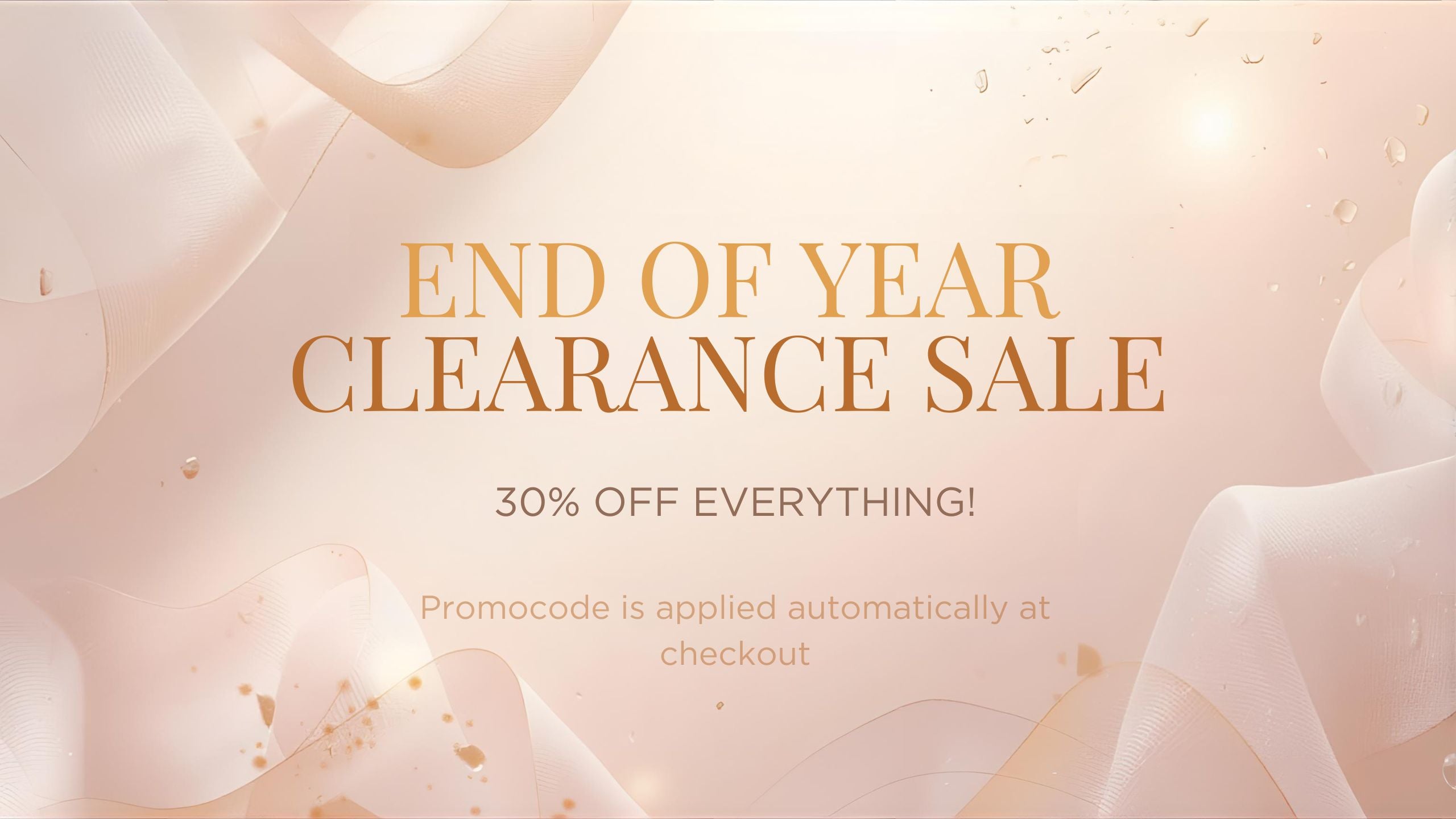 End of year clearance sale banner with promotional text on a soft pink background